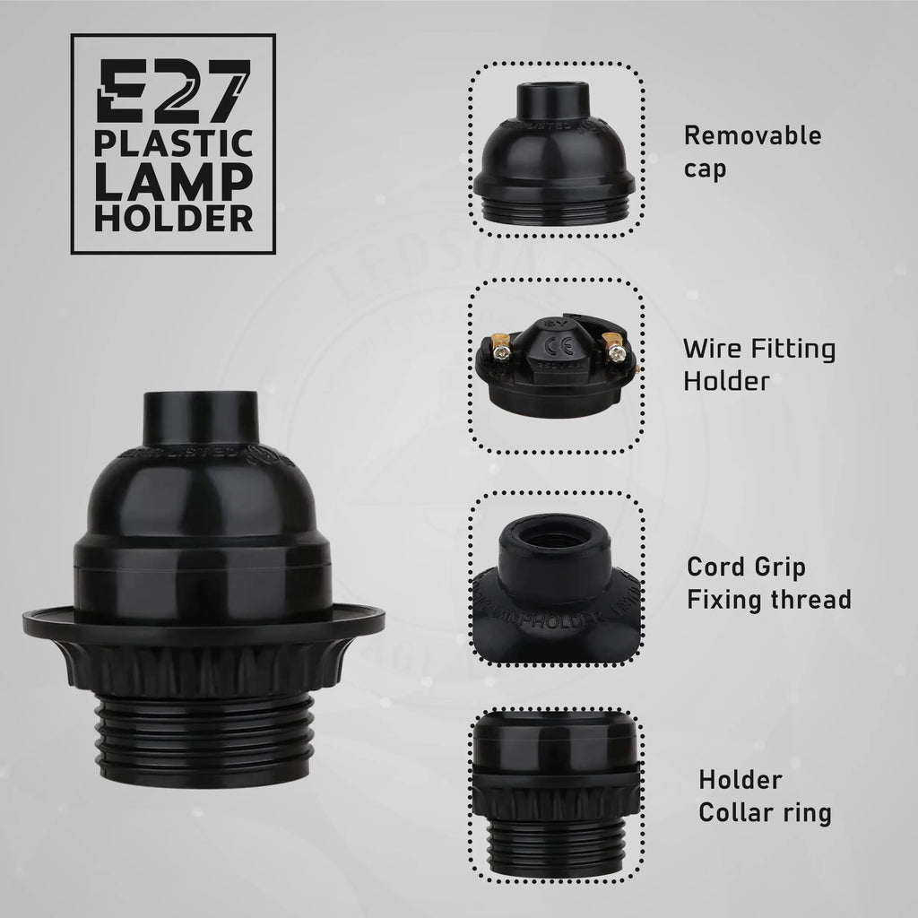 3Pack E27 Light Bulb Pendant Socket Holder,Screw Black Plastic Lamp holder~4389