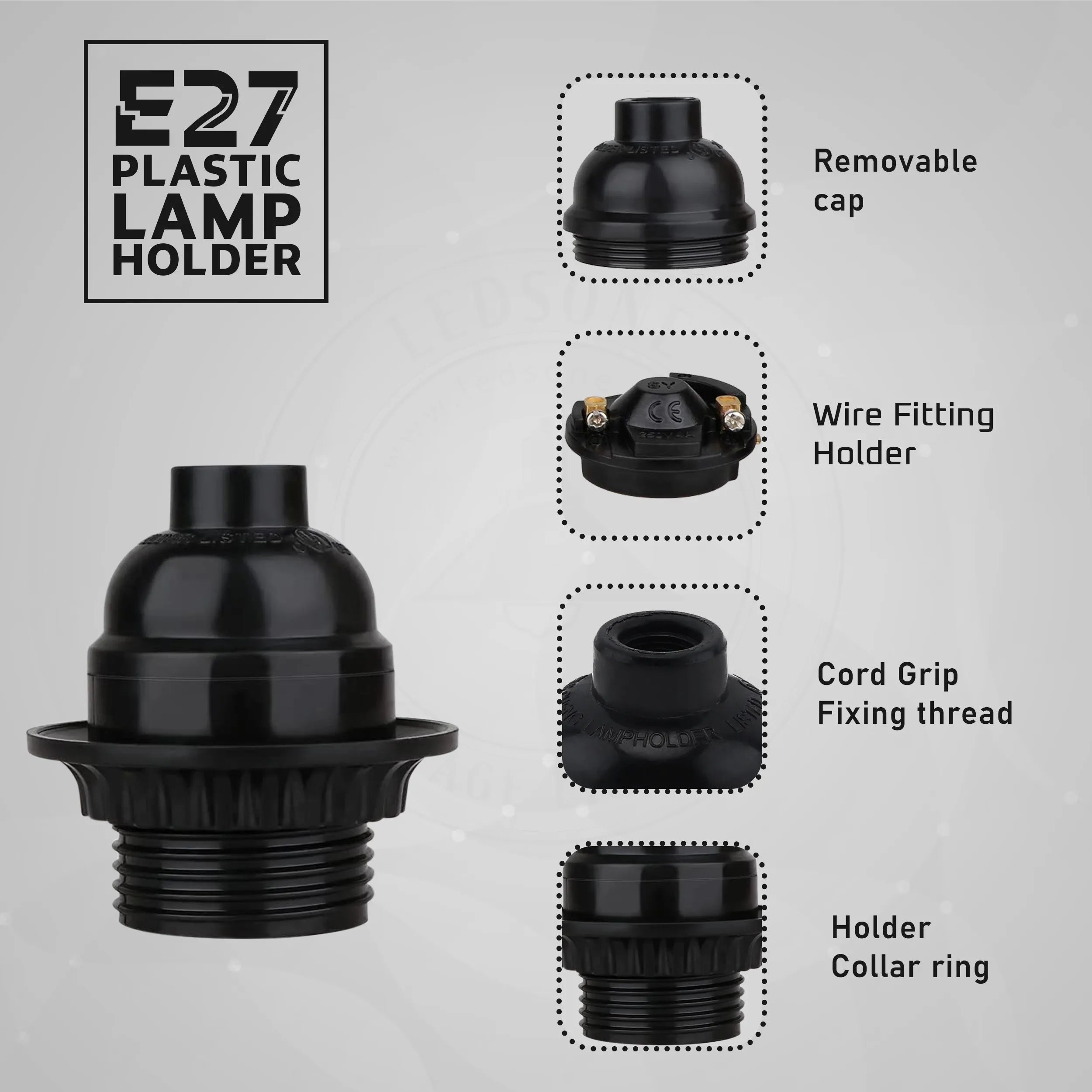 3Pack E27 Light Bulb Pendant Socket Holder,Screw Black Plastic Lamp holder~4389