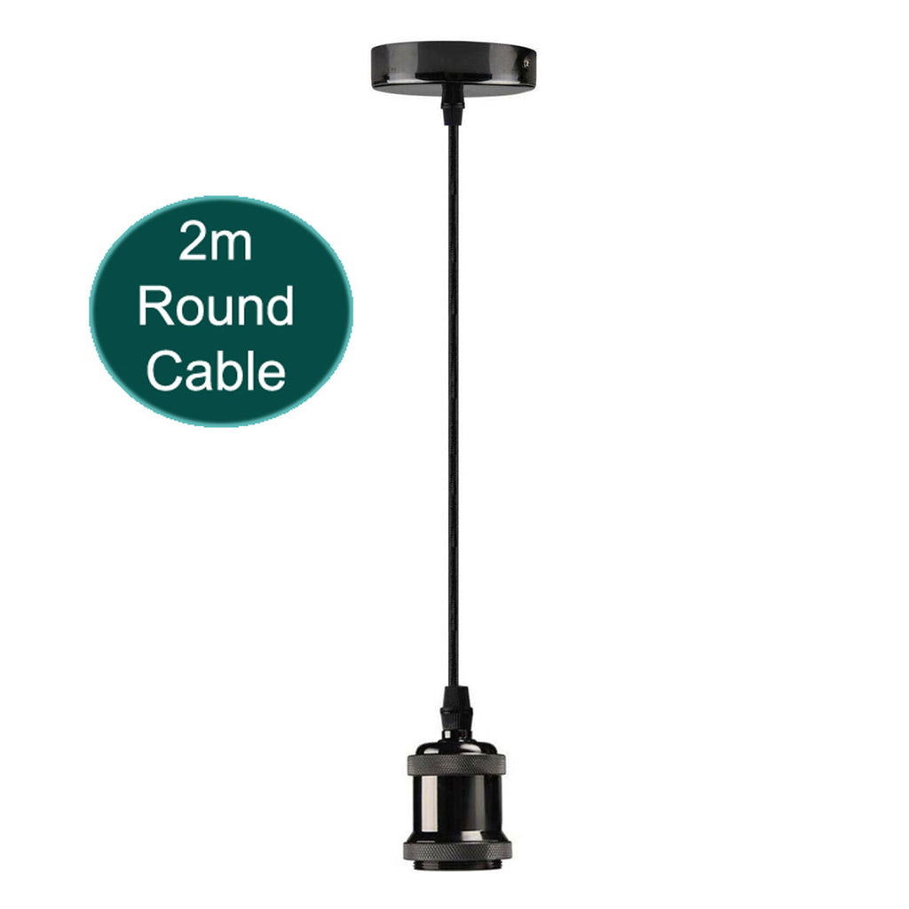 2m Black Round Cable +E27 Base Shiny Black Pendant Holder~1725