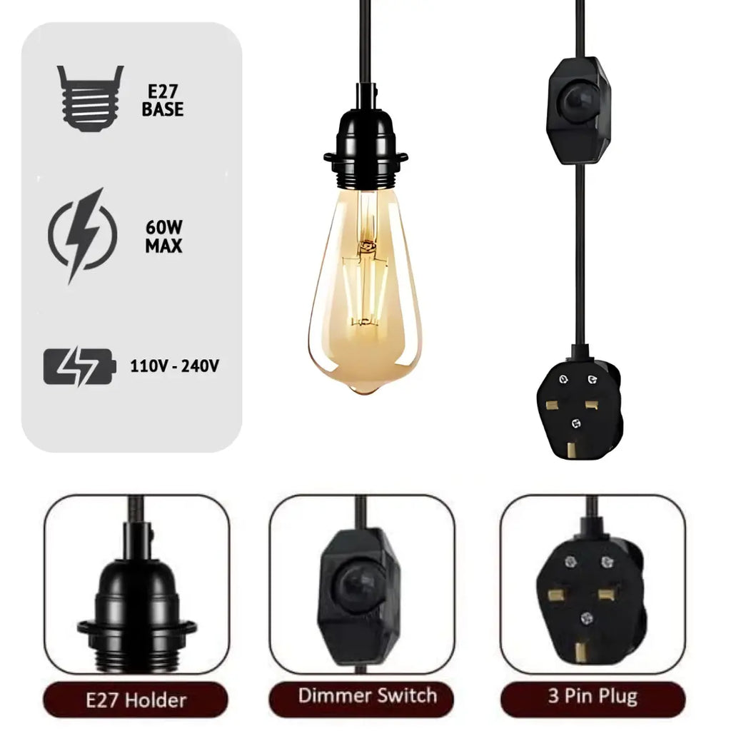 2M Plug-in Vintage E27 Dimmer Switch Fabric Pendant Light Holder with FREE BULB ~1267